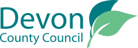 Devon County Council Logo. Against a white background the word Devon is written on the left in green. Underneath it, also in green are the words County Council. To the right of these words are two leaves crossing each other, the top leaf in dark green, the bottom leaf in lighter green.